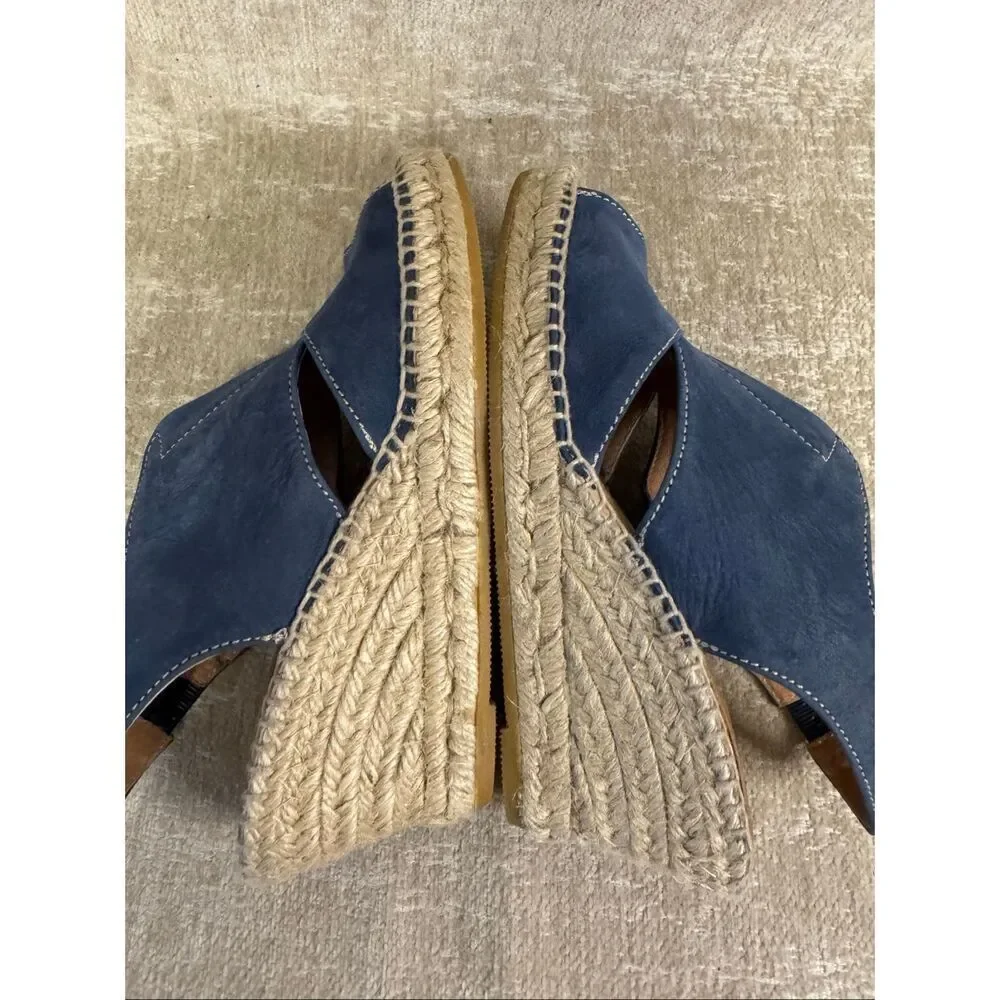Kanna Women's Suede Open Toe Wedge Espadrille Slingback Sandals Blue Size 36